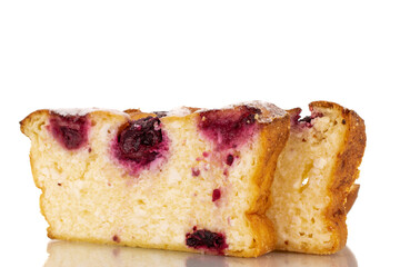 Flavorful sweet, homemade cottage cheese casserole with cherries, macro, isolated on white.

