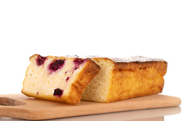Several slices of homemade cottage cheese casserole with cherries on a wooden tray, macro, isolated on a white background.

