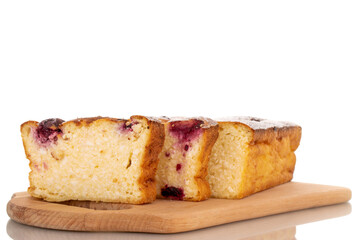 Several slices of homemade cottage cheese casserole with cherries on a wooden tray, macro, isolated on a white background.

