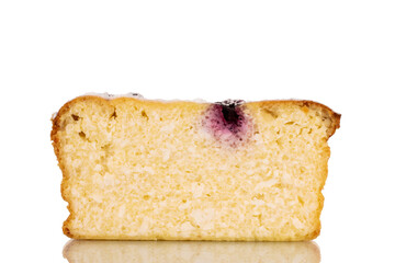 Flavorful sweet, homemade cottage cheese casserole with cherries, macro, isolated on white.

