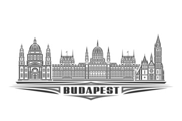 Obraz premium Vector illustration of Budapest, monochrome horizontal poster with linear design famous budapest city scape, urban line art concept with decorative letters for black word budapest on white background