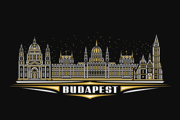 Obraz premium Vector illustration of Budapest, dark horizontal poster with linear design famous budapest city scape on dusk starry sky background, urban line art concept with decorative lettering for word budapest