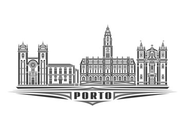 Vector illustration of Porto, monochrome horizontal poster with linear design famous porto city scape, european urban line art concept with decorative letters for black word porto on white background - obrazy, fototapety, plakaty