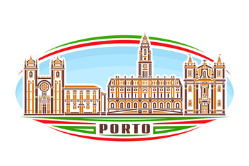 Vector illustration of Porto, horizontal logo with linear design orange porto city scape on day sky background, famous urban line art concept with decorative lettering for brown word porto on white - obrazy, fototapety, plakaty