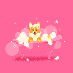 Obraz na płótnie Canvas Dog in the bath with pink background