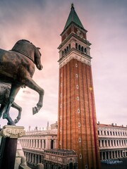 Fototapeta na wymiar Campanile Bell Tower Saint Mark's Basilica Horses Piazza Venice Italy