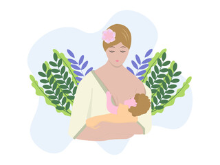 Vector image of a woman breastfeeding a baby. World Breastfeeding Week. Motherhood, childhood, tenderness, love