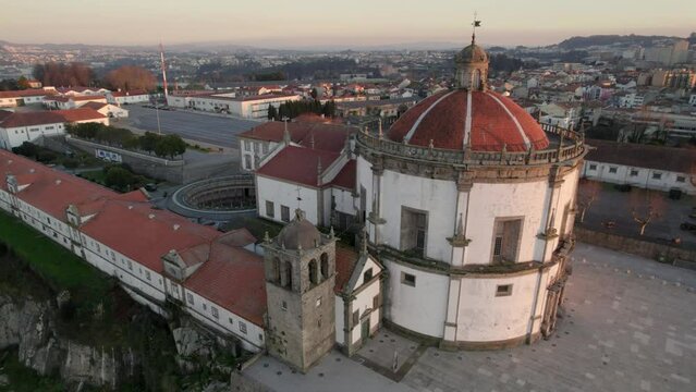 flying around Porto cathedral at sunset, aerial view of Mosteiro da Serra do Pilar, rooftops of old town Porto, cityscape of Porto the embankment 