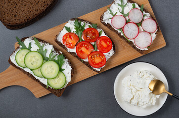 Healthy sandwiches with white cottage cheese, cucumber, arugula, tomato and radish.