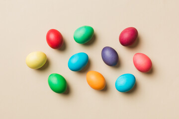 holiday preparation Multi colors Easter eggs on colored background . Pastel color Easter eggs. holiday concept with copy space