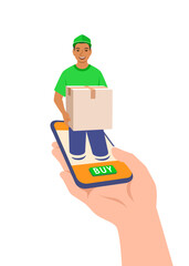 Express delivery concept. Customer makes an order online using smartphone app and gets it fast. Young friendly delivery boy gives a package to buyer. Online shopping. Flat vector illustration