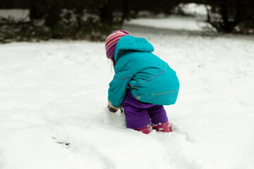 Fototapeta na wymiar A girl plays with snow in a winter forest