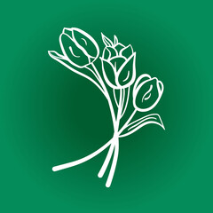 Flowers Tulips drawn with a white line by hand. Vector drawing of flowers with one stroke without filling. All strokes are editable.