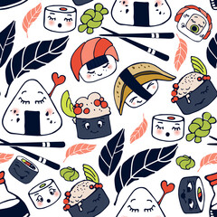 Cute kawaii Sushi, rolls, nigiri. Vector set. Japanese food with emotions, cartoon style. Fashion illustration. All elements are isolated background. Colored vector seamless pattern.