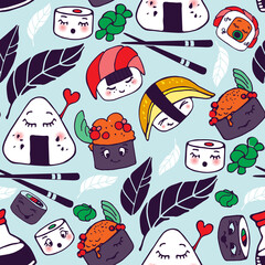 Fototapeta premium Cute kawaii Sushi, rolls, nigiri. Vector set. Japanese food with emotions, cartoon style. Fashion illustration. All elements are isolated. Colored vector seamless pattern. Blue background