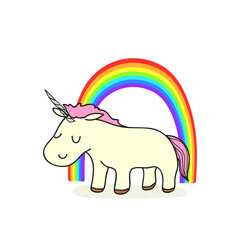 Cute cartoon funny unicorn with colorful bright rainbow. cartoon doodle style. vector illustration