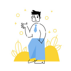 Man is standing. Gesture of greeting. Hi and hello. Hand in pocket. Modern trendy business character walk on abstract nature. Outline cartoon illustration