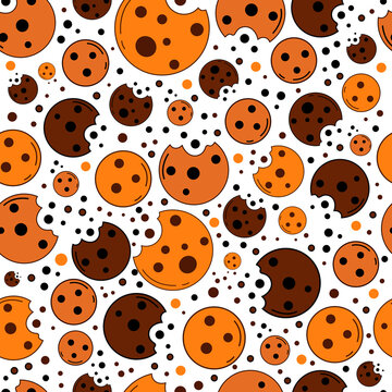 Cookies pattern. Digital vector illustration of brown cookies with chocolate balls, seamless pattern. The illustration is for the cookie packaging banner cards poster. Dessert packaging.