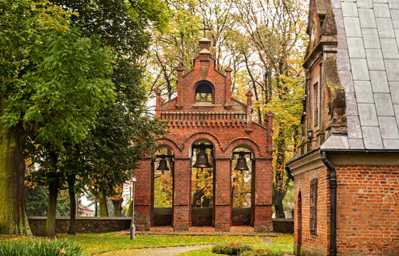 Built in the years 1477-1507 in the Gothic and Neo-Baroque styles, the historic Catholic Church of Our Lady of the Rosary with a belfry in the city of Drobin in Mazovia, Poland.