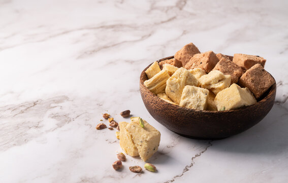 soan papdi, son rolls, patisa on marble background