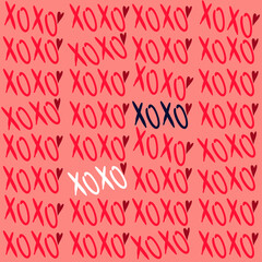 Vector seamless love symbol pattern, with stylish hearts and xoxo (hugs and kisses) phrase 