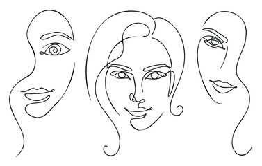 Minimal design, black and white line art sketch, outline woman portrait illustration set. Abstract thin contour thin face line art collection.