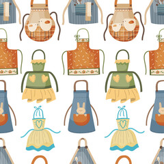 Flat seamless pattern of cooking aprons in cartoon, hand-drawn style.