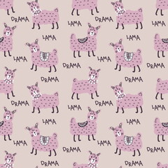 Hand drawn seamless pattern with lamas and text DRAMA LLAMA. Perfect for T-shirt, textile and print. Doodle illustration for decor and design.