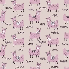 Fotobehang Hand drawn seamless pattern with lamas and text DRAMA LLAMA. Perfect for T-shirt, textile and print. Doodle illustration for decor and design. © Anna