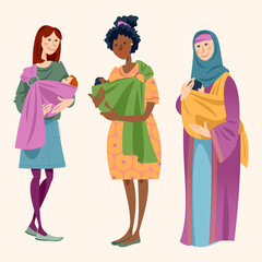 Three multiracial women with newborn babys in Slings. Happy Mother’s Day.