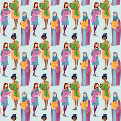 Three multiracial women with newborn babys in Slings. Happy Mother’s Day.  Seamless background pattern.