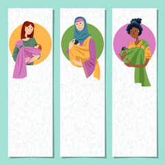 Set of 3 bookmarks with multiracial women with newborn babys in Slings.