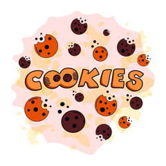 Cookies hand-lettering logo, digital vector illustration of brown cookies with chocolate balls on the watercolor spot. The illustration is for the cookie packaging banner cards poster. Dessert. 