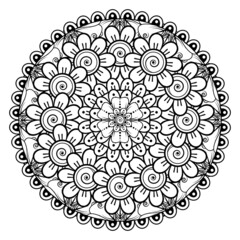 Fototapeta na wymiar Circular pattern in form of mandala for Henna, Mehndi, tattoo, decoration. Decorative ornament in ethnic oriental style. Coloring book page.