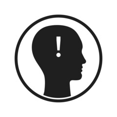 Circle icon of silhouette human profile with exclamation mark in head isolated.