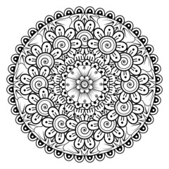 Circular pattern in form of mandala for Henna, Mehndi, tattoo, decoration. Decorative ornament in ethnic oriental style. Coloring book page.