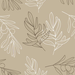 Olive branch wallpaper vector. Boho, abstract seamless pattern. Floral, line, botanical fabric illustration