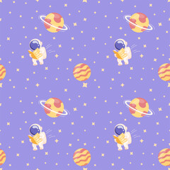 Fototapeta na wymiar Seamless pattern of deep space with planets and stars, astronaut and asteroids in a flat style. Vector illustration