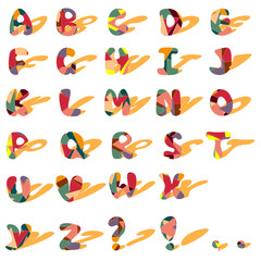 A set of letters and punctuation marks with a patchwork pattern
