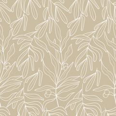 Obraz premium Olive branch wallpaper vector. Boho, abstract seamless pattern. Floral, line, botanical fabric illustration