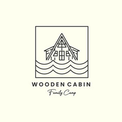 wooden river cabin minimalist line art emblem logo template vector design