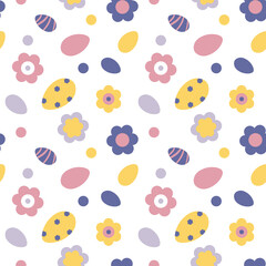 Vector seamless pattern with purple,pink and yellow Easter eggs and abstract flowers.Design for Easter party,textile,wrapping paper,cards,napkins and home decoration