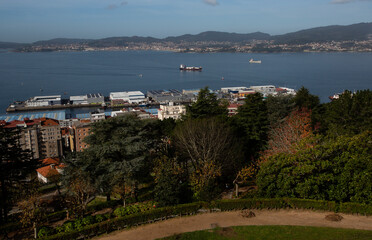 View of the Vigo estuary from the viewpoint of the garden of the Parque do Castro in Vigo