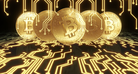 Golden bitcoin digital currency concept background. 3d rendering