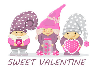 Valentine gnome concept vector. Cute cartoon elf helding in hands valentine day heart card, pink, balloon.