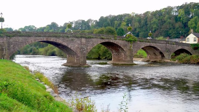  world in bloom and market town in Monmouthshire Wales famous for its culture, 5 arch medieval stone bridge, castle  and salmon fishing
