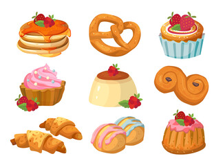 Set of sweet baked goods.  Flat style illustration of bakery and confectionery products. Vector illustration of buns, croissant, pretzel, pancake, muffin, panna cotta, pudding, lussecutter.