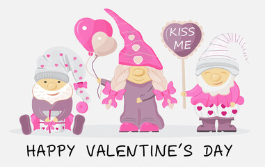 Valentine gnome concept vector. Cute cartoon elf helding in hands valentine day heart card, pink, balloon.