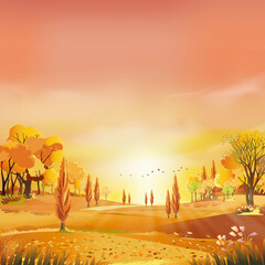Autumn rural landscape in evening light with sunset, yellow,pink,orange sky background,Vector Cartoon fall season at countryside with forest tree and grass field with sunrise,Backdrop natural banner