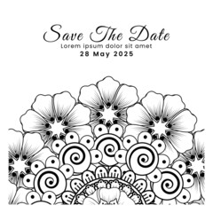 Save the date with mehndi flower. decoration in ethnic oriental, doodle ornament.
